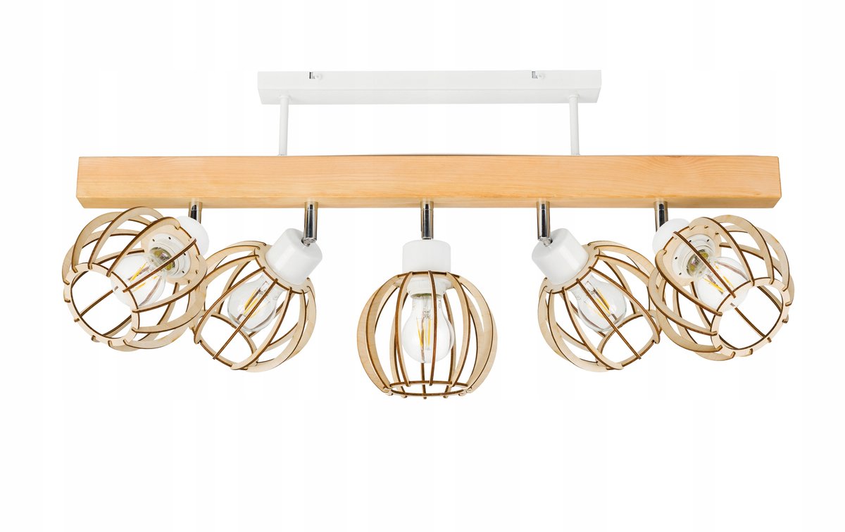 Houten Balk Plafondlamp met 5 Lampenkappen E27 - Stijlvol Loft Design