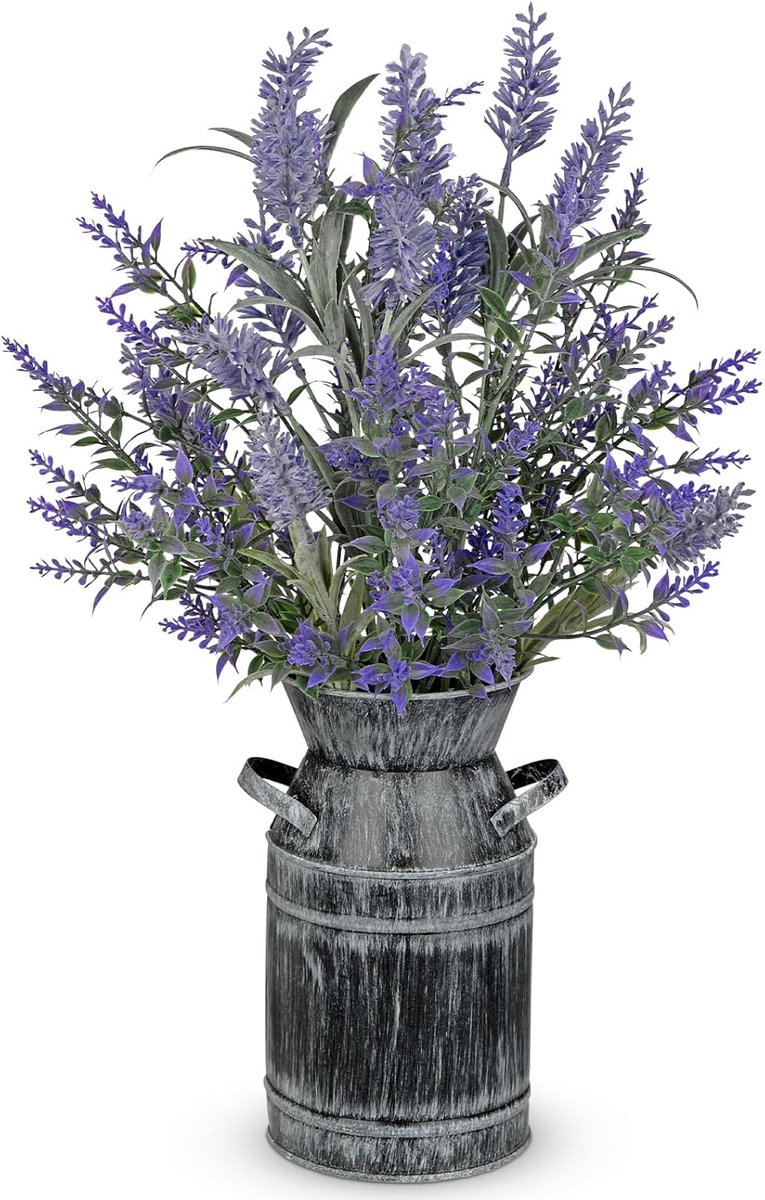 Artificial Lavender Plants in Rustic Metal Vase 45cm Tall Fake Lavender in Vintage Galvanized Planter Purple Fake - ShopVlot