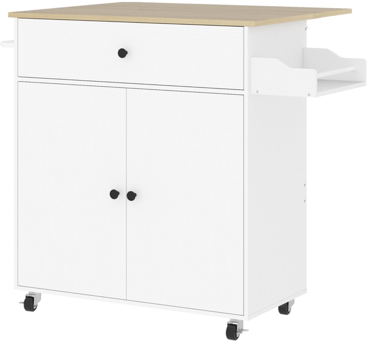 Witte Keukentrolley 106 x 42 x 87 cm, Keukenwagen met Uitklapbaar Werkblad, Lade, Kastje met 2 Deuren, Kruidenrek, Handdoekhouder en Wielen, Keuken Eiland en Serveerwagen