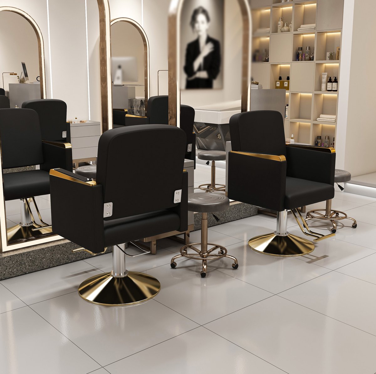 Hoogteverstelbare Kappersstoel 90 x 62 x 90 cm - 360 Graden Draaibaar Met Vaste Armleuningen En Voetensteun - Voor Salon En Tattoo - Kunstleer - Zwart Goud