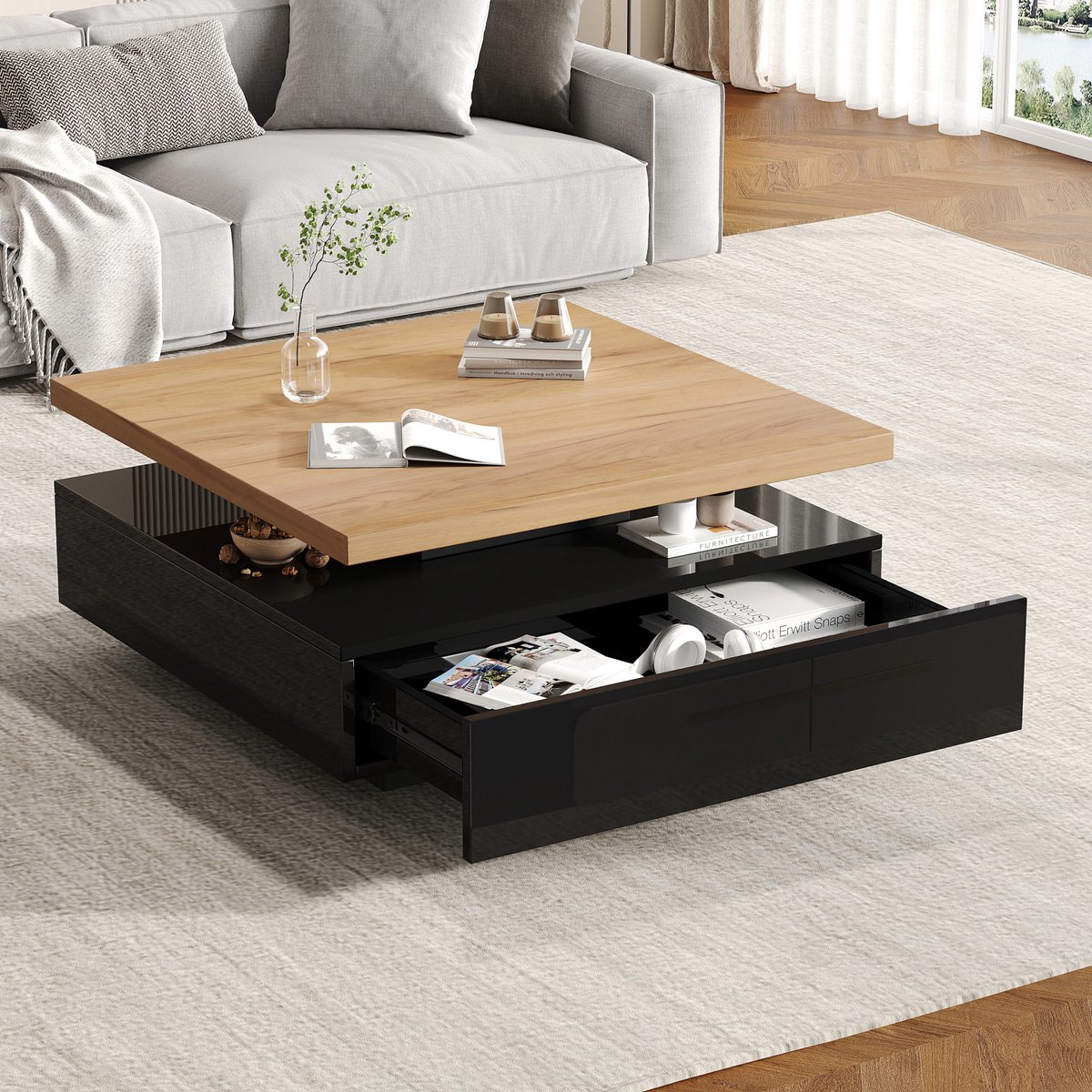 MODENUIT Salontafel - 360° Draaibaar Met Lade - Woonkamer - Spaanplaat - 70x70x36 Cm - Walnoot Zwart