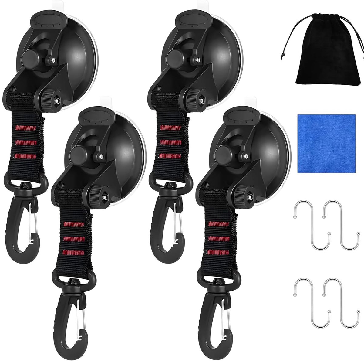 4 Pcs Car Suction Cups with Strap, D-Ring Rotating 360 Degree & S Hook, Multifunctional Caravan Accessories, Suction - ShopVlot