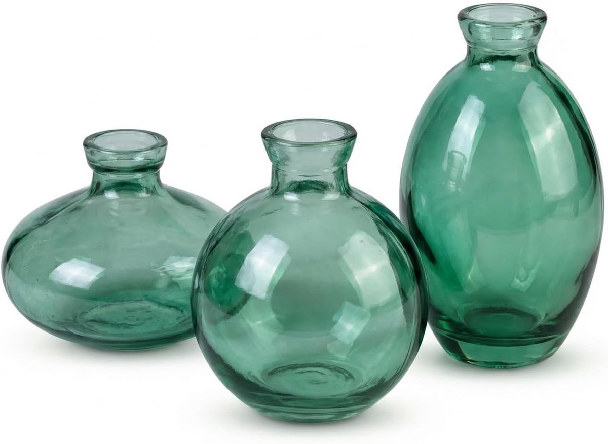 Mini-vazenset, 3 kleine glazen vazen, vintage decoratie, verschillende maten, kleine bloemenvaas, vintage mini-vaas - ShopVlot