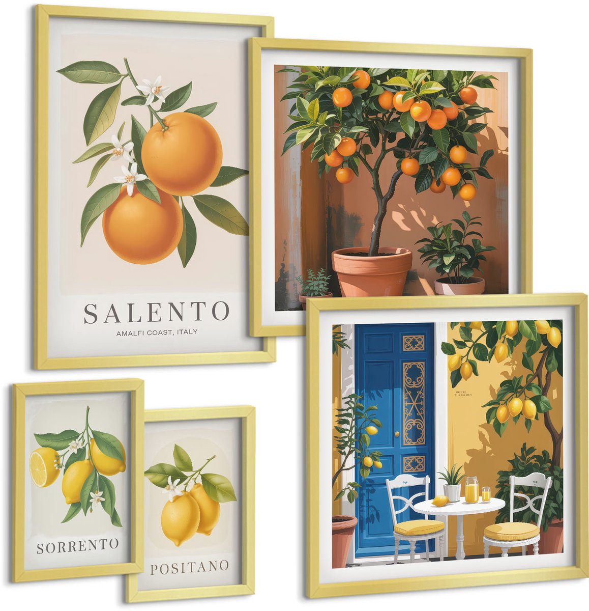 TULUP 5-Delige Schilderij Set - Fruitinspiratie uit Italië in Provençaalse en rustieke stijl - 50 x 50 cm, 20 x 30 cm en 40 x 60 cm - Stijlvolle Muurdecoratie - Slaapkamer - Moderne Wanddecoratie Gouden lijst