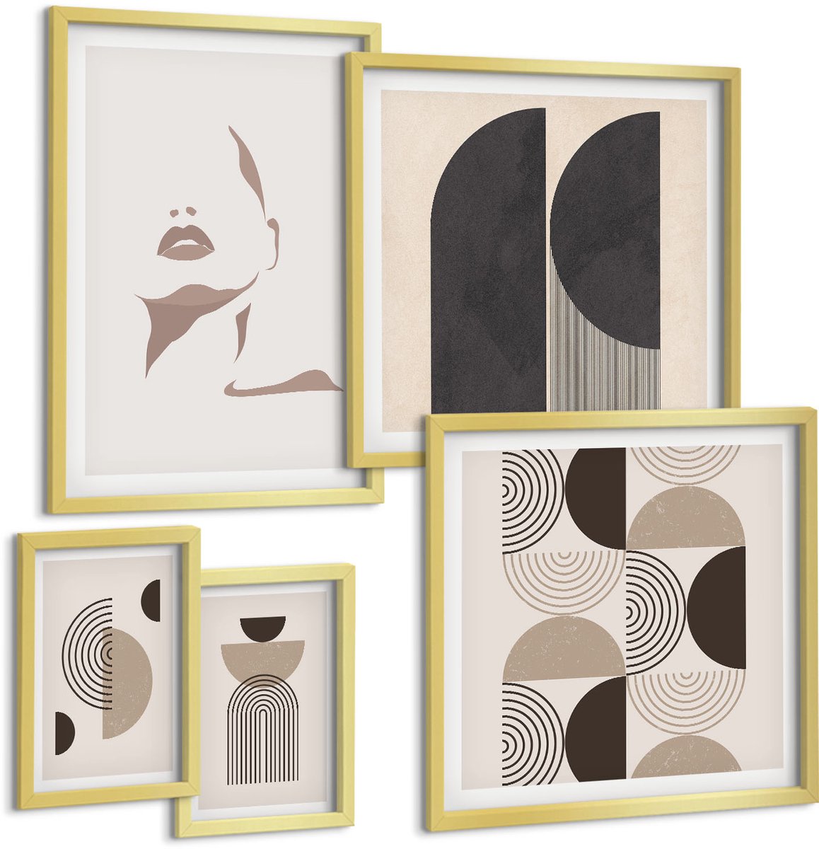 TULUP 5-Delige Schilderij Set - Stijlvolle minimalistische portretten en geometrische patronen - 50 x 50 cm, 20 x 30 cm en 40 x 60 cm - Stijlvolle Muurdecoratie - Slaapkamer - Woonkamer Decoratie Gouden lijst