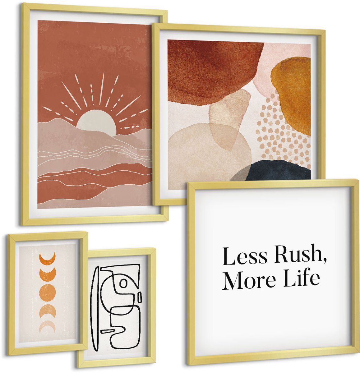 TULUP 5-Delige Schilderij Set - Stijlvolle afbeeldingen met abstracte vormen en de zon. - 50 x 50 cm, 20 x 30 cm en 40 x 60 cm - Wanddecoratie - Muurdecoratie - Moderne Interieurdecoratie - Woonkamer Decoratie Gouden lijst