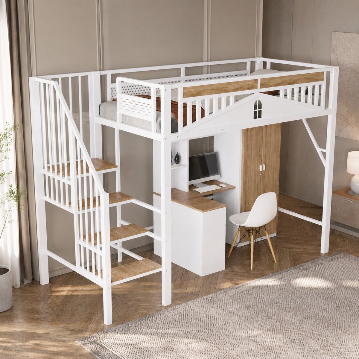 MEUNIQ hoogslaper 90 x 200 cm met veiligheidshek, veiligheidsladder en opbergruimte onder het bed, wit Black
