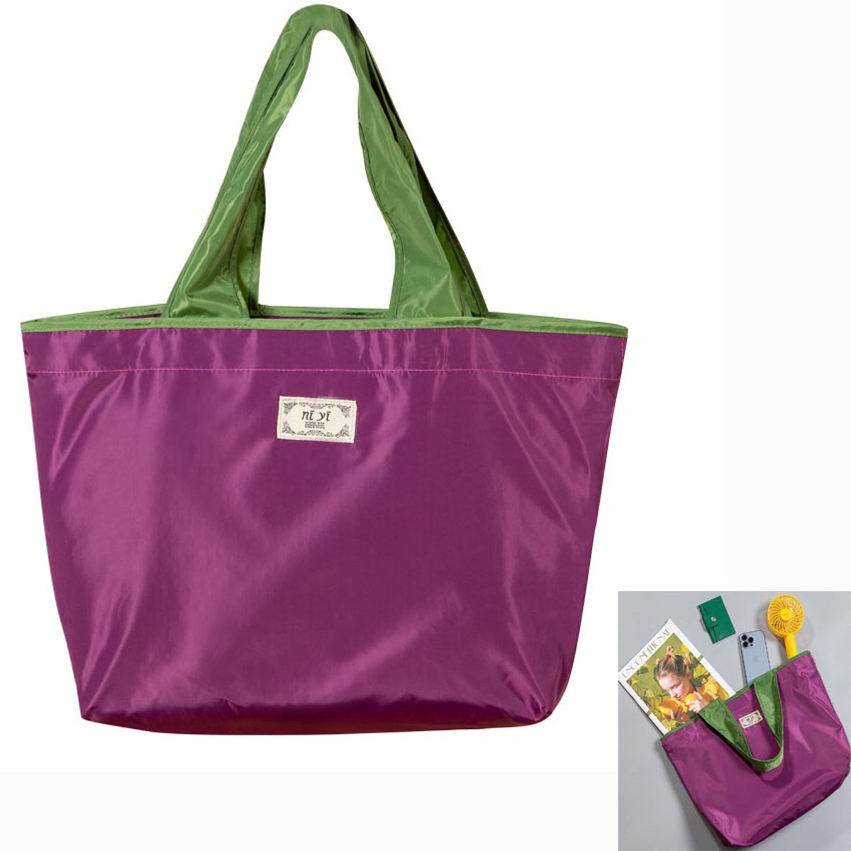Boodschappentas - Grote boodschappentas - 44x10x42cm - Herbruikbaar - Binnenvak - Trekkoord - Opvouwbaar - Geschikt voor boodschappen, algemene aankopen en uitstapjes - Paars