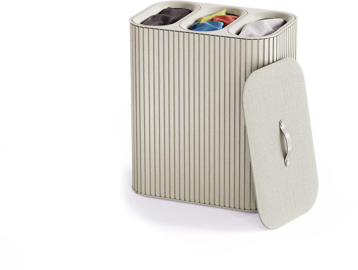 Famanu – Luxe wasmand van 90L in ecru, drievoudig met 3 uitneembare zakken voor het sorteren van was, met bamboe deksel