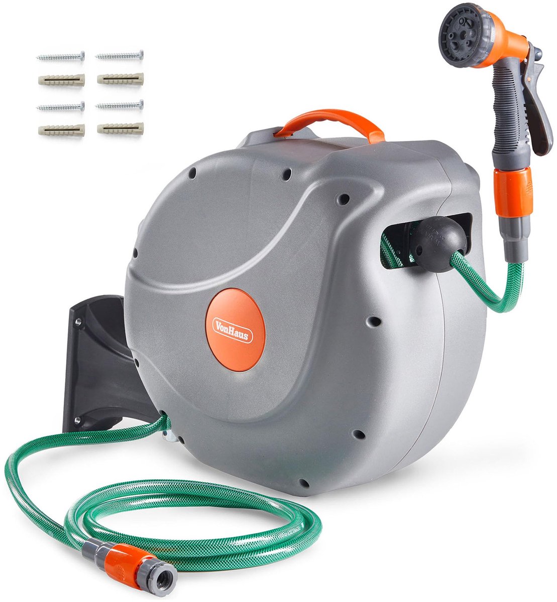 Famanu – Slanghaspel voor de tuin, 20 m, automatisch oprolbaar, inclusief wandbevestiging en 180 graden draaibaar
