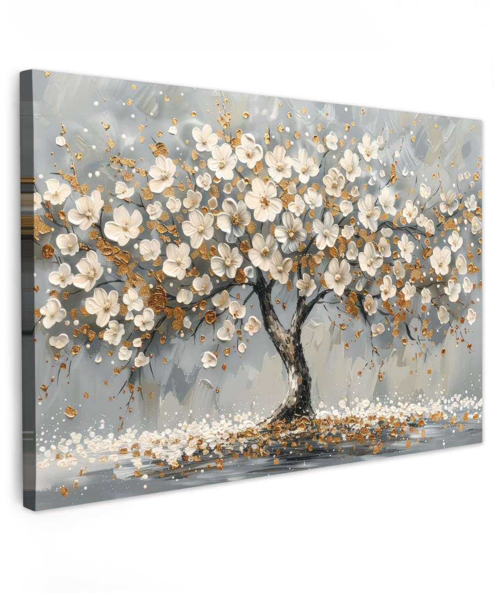 Famanu – Canvas schilderij 120 x 80 cm, muurdecoratie voor woonkamer en slaapkamer, kunst met boom en bloemen in wit en natuur