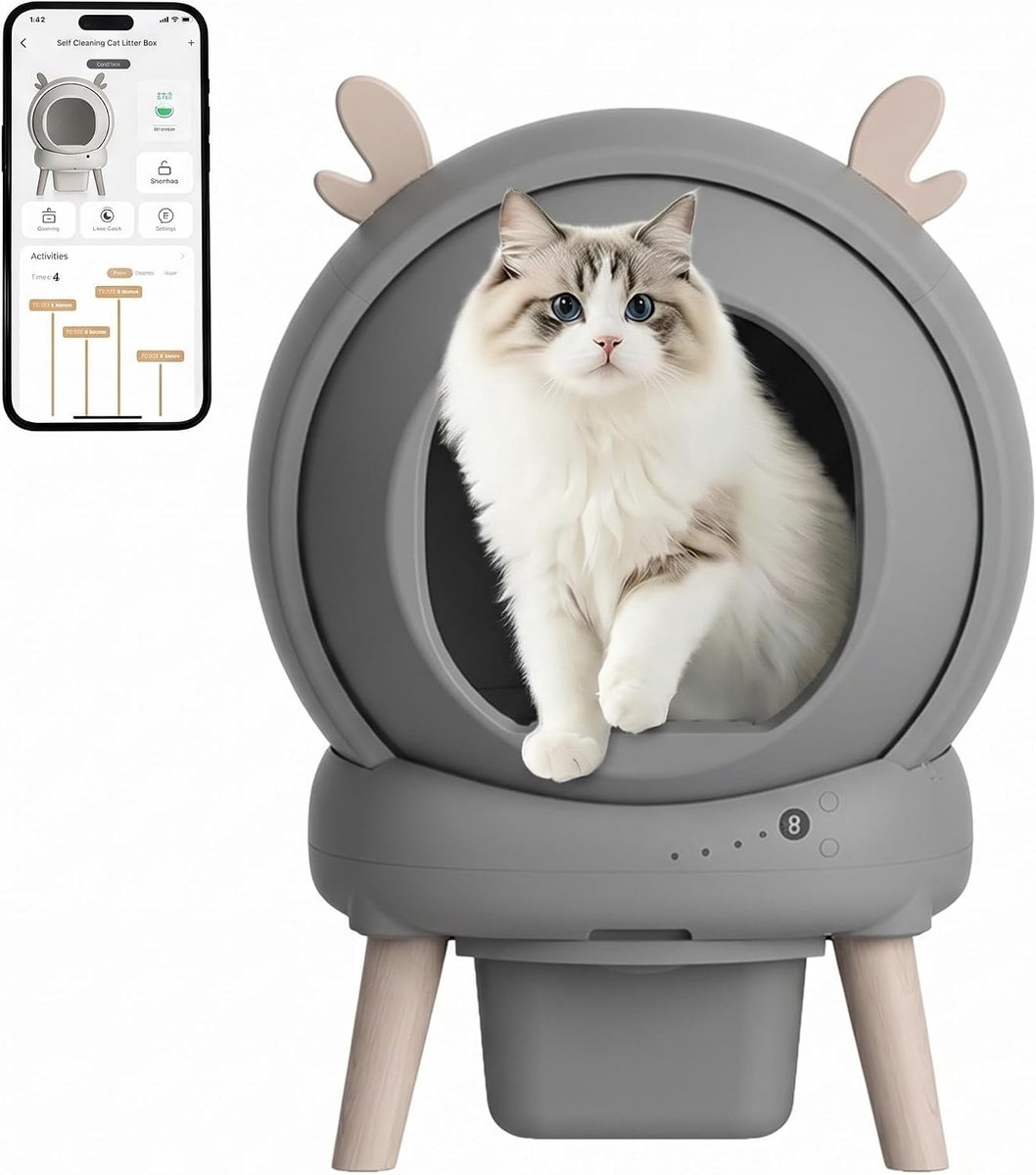 Automatische Zelfreinigende Kattenbak XXL - 60L - Met App Besturing & Gezondheidsmonitor - Geurloos & Veilig - Voor Grote en Kleine Katten (0,9 - 15,4 kg) - Zilver-Grijs