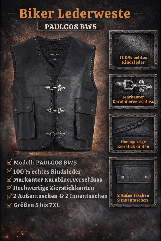 Zwart leren bikerjack PAULGOS BW5 met karabijnsluitingen, twee buitenzakken en twee binnenzakken.