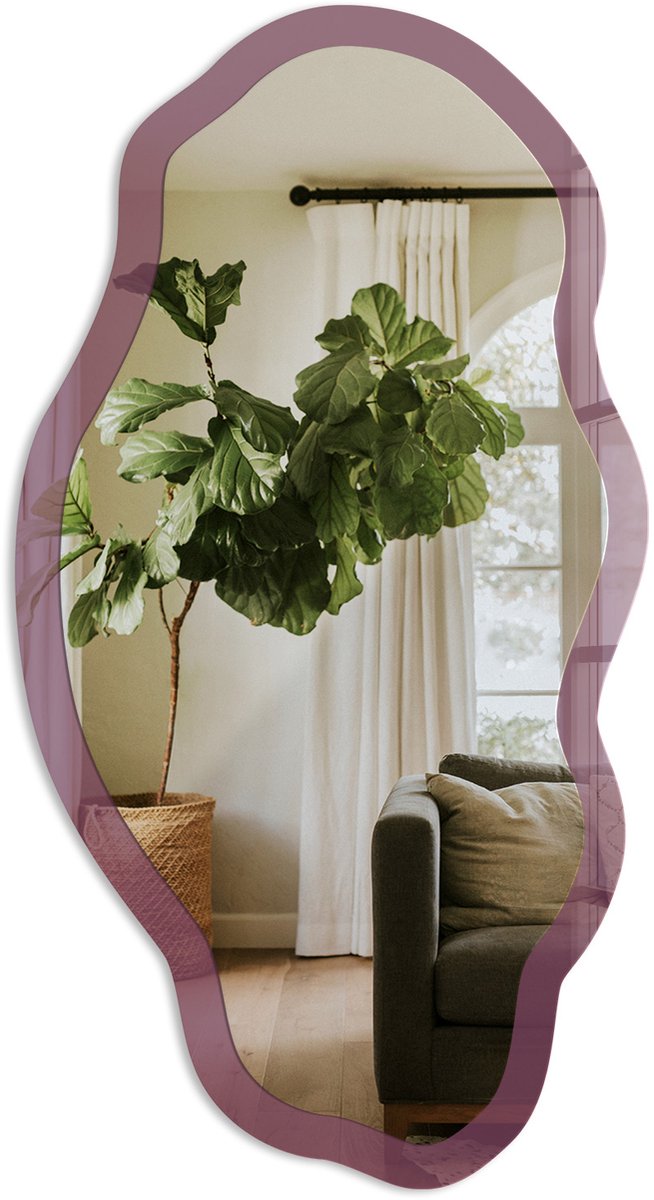 TULUP Paarse Kleur Spiegel - Bordeaux Elegante Rechthoekige Wandspiegel - Organische Spiegel - Woonkamer - Minimalistisch - 45x90 cm - Totale afmeting 52x97 cm Kleur Paars, Bordeauxrood