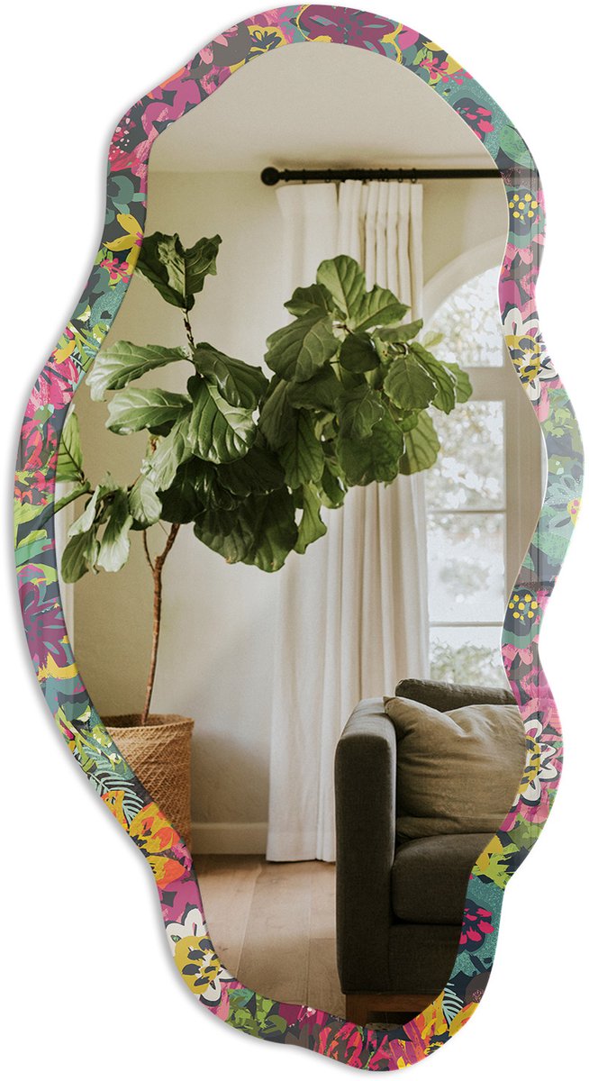 TULUP Een Bloemenfestijn Spiegel - Groen Elegante Rechthoekige Wandspiegel - Organische Spiegel - Slaapkamer, Woonkamer, Hal - Abstract - 45x90 cm - Totale afmeting 52x97 cm Bloemensprookje, Groen