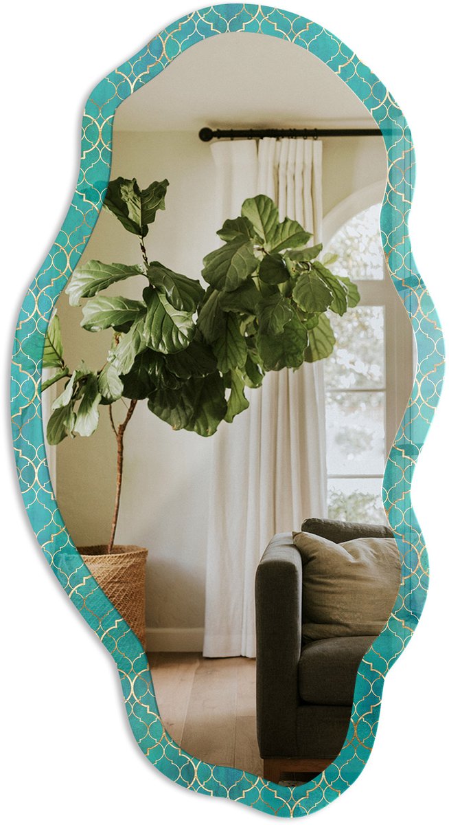 TULUP Oosterse Mozaïek Spiegel - Turkoois Strakke Rechthoekige Spiegel - Organische Spiegel - Badkamer, Woonkamer, Slaapkamer - Geometrisch - 45x90 cm - Totale afmeting 52x97 cm Oosterse Mozaïek, Turkoois