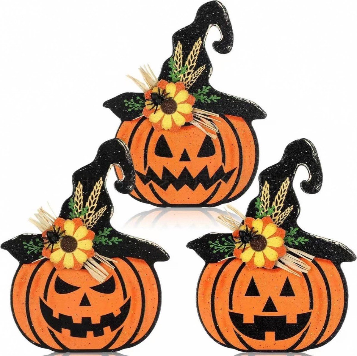 Halloween-tafeldecoratie – 3-delige set – 12 x 15 cm – Pompoenornamenten – Houten pompoendecoratie – Decoratie voor tafel en interieur (o.a. Thanksgiving) – Houten Halloween-ornamenten – Geschikt voor schoorsteenmantels of planken