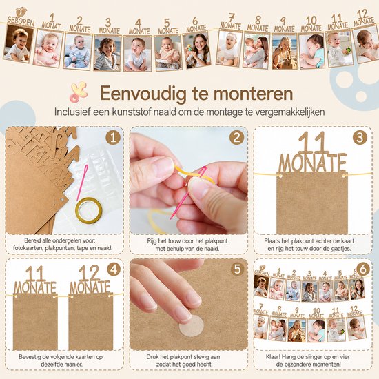 Kaiyaya - Fotoslinger set 13 stuks - Foto's ophangen, herinneringen bewaren - Karton fotolijst - Baby, Eerste verjaardag - Eerste verjaardag decoratie, baby feestdecoratie - Bruin, 13 fotokaarten — afbeelding 4