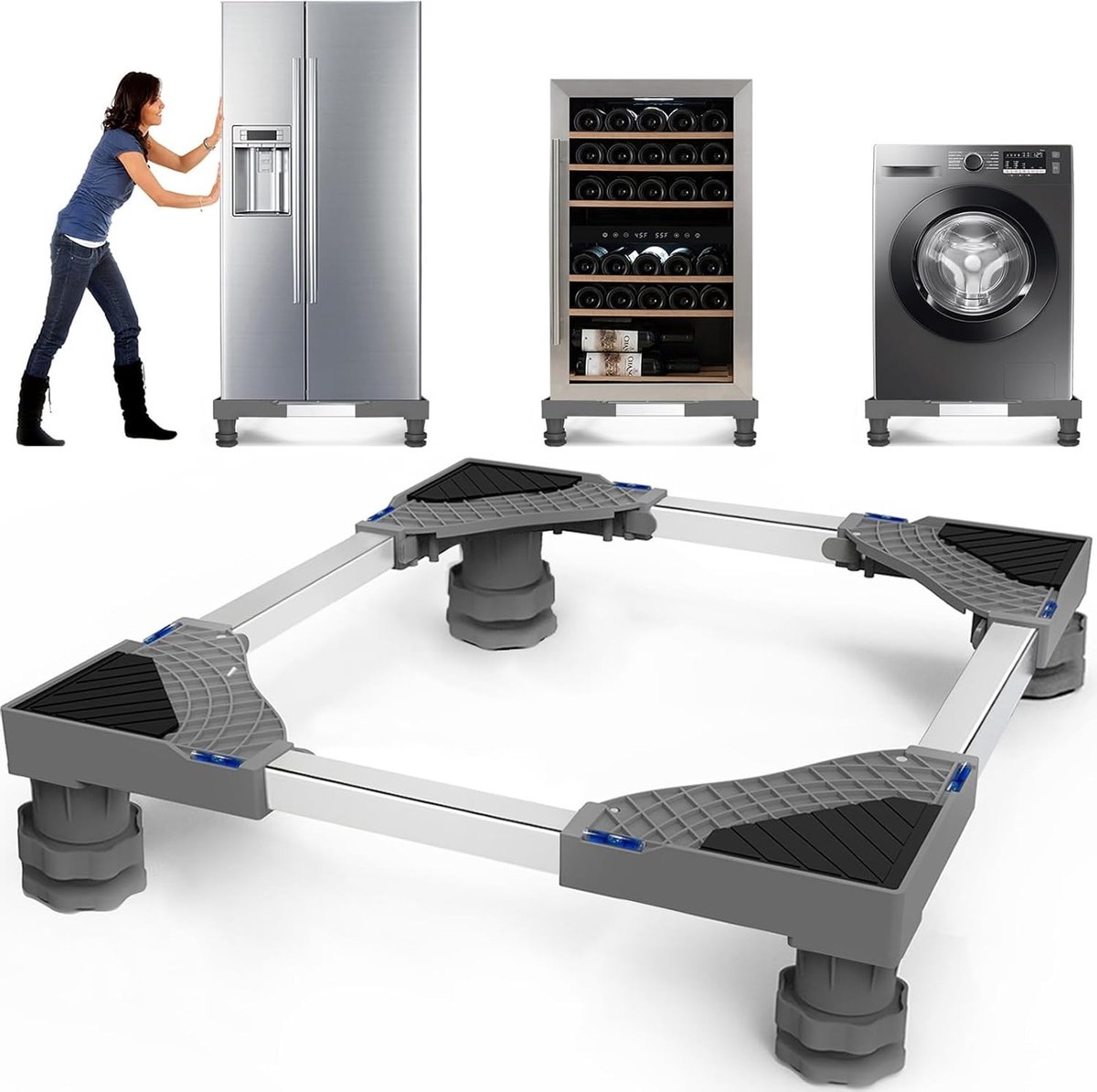 Wasmachine verhoger - Verstelbaar 42-65 cm breed - Kunststof en Roestvrij Stalen Onderstel met Wielen - Voor Wasmachines en Huishoudelijke Apparaten