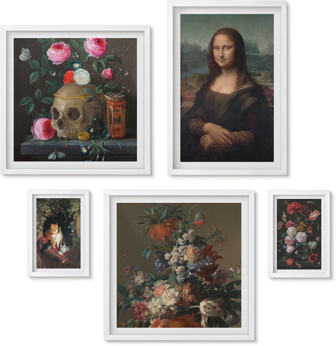 Wallfluent 5-Delige Schilderij Set - Bloemstukken En Klassieke Vintage Portretten - 50 x 50 cm, 20 x 30 cm En 40 x 60 cm - Decoratieve Schilderijen - Wanddecoratie - Hal - Moderne Wanddecoratie
