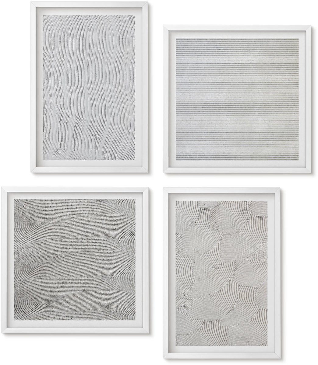 Wallfluent 4-Delige Schilderij Set - Patronen In Het Zand: Lineaire Geometrische Structuren - 40 x 40 En 40 x 60 - Stijlvolle Muurdecoratie - Kantoor - Woonkamer Decoratie