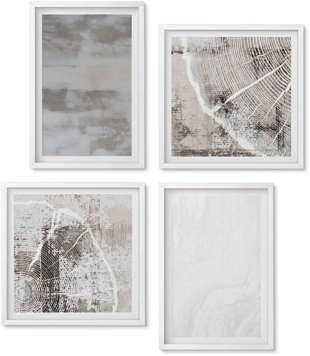 Wallfluent 4-Delige Schilderij Set - Abstracte Vormen En Structuren In Moderne Stijl. - 40 x 40 En 40 x 60 - Wanddecoratie - Muurdecoratie - Moderne Interieurdecoratie
