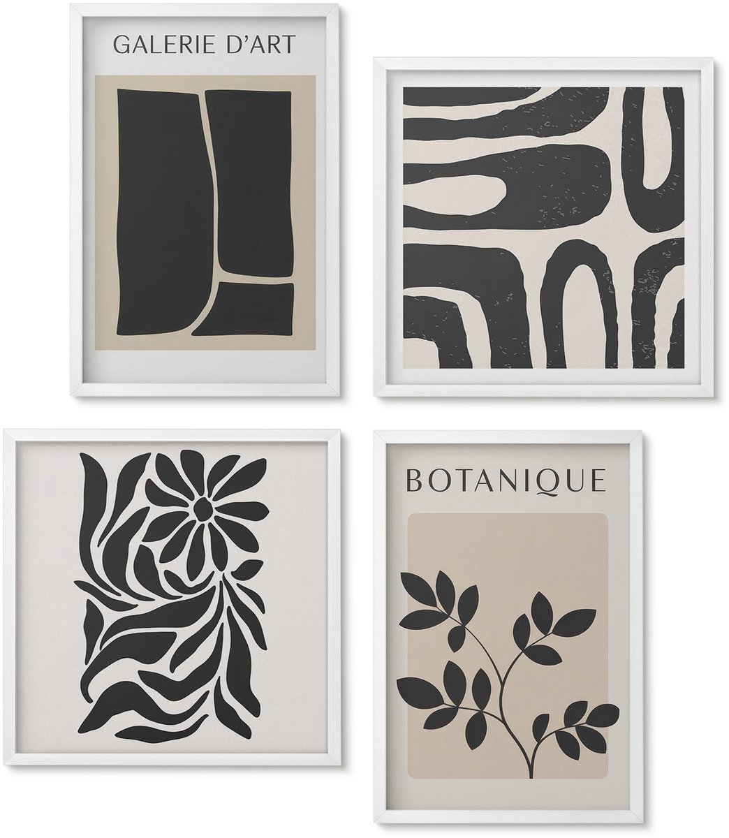 Wallfluent 4-Delige Schilderij Set - Abstracte Bloemenpatronen En Geometrische Vormen - 40 x 40 En 40 x 60 - Muurdecoratie - Decoratieve Schilderijen - Wohnzimmer - Woonkamer Decoratie