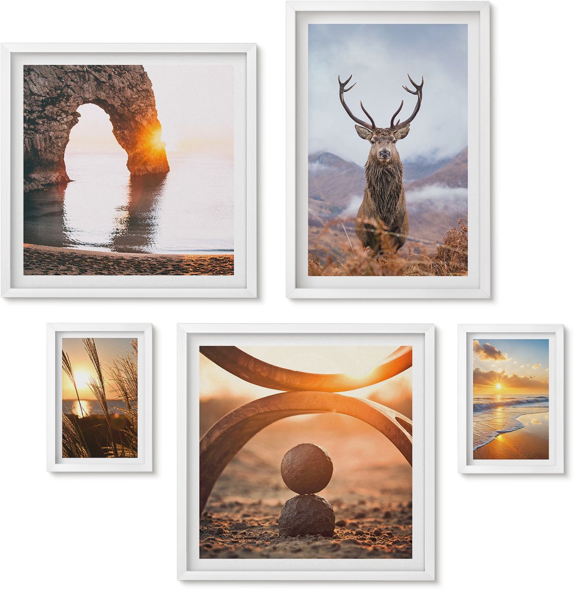 Wallfluent 5-Delige Schilderij Set - Natuur En Wilde Dieren In Een Harmonieuze Omgeving. - 50 x 50 cm, 20 x 30 cm En 40 x 60 cm - Wanddecoratie - Woonkamer Decoratie - Interieur Decoratie