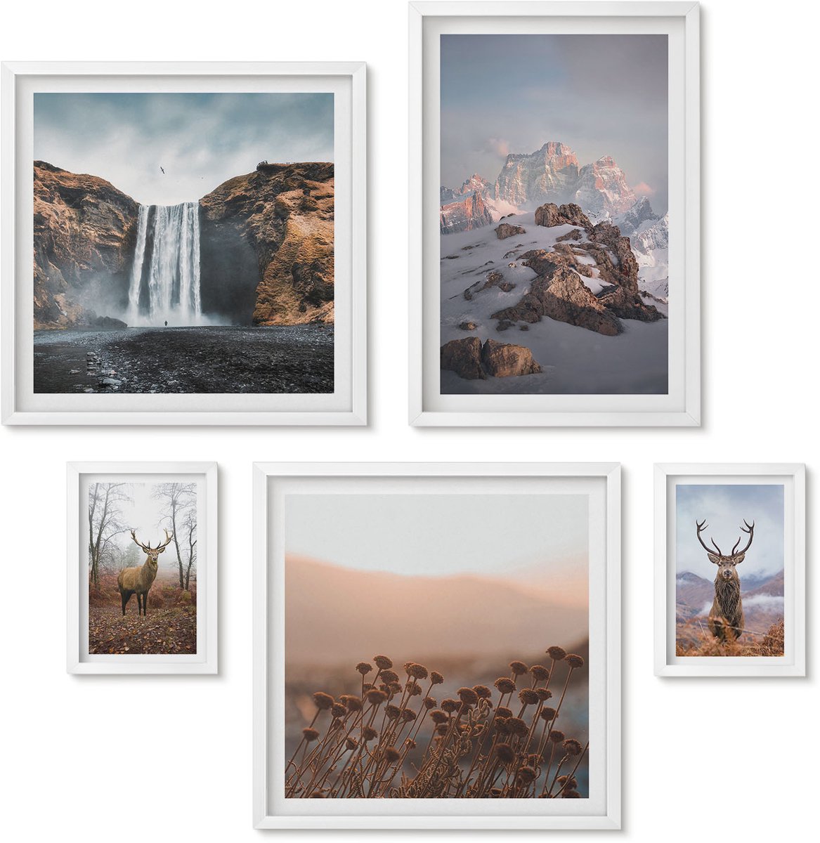 Wallfluent 5-Delige Schilderij Set - Berglandschappen Met Wilde Dieren En Andere Dieren - 50 x 50 cm, 20 x 30 cm En 40 x 60 cm - Muurdecoratie - Interieur Decoratie - Woonkamer Decoratie