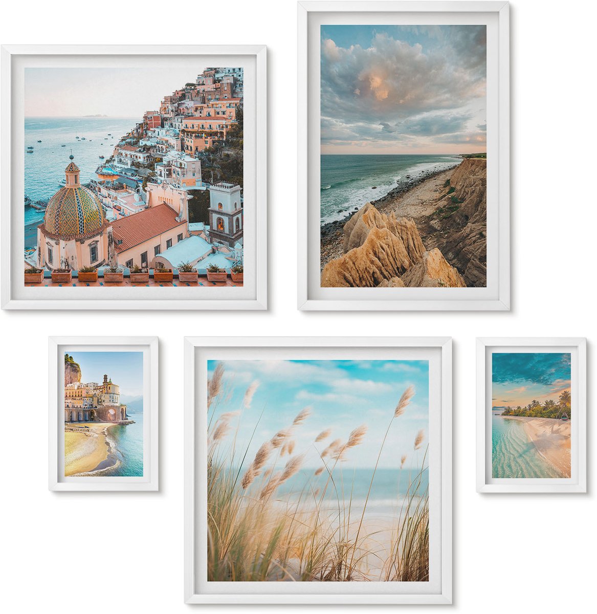 Wallfluent 5-Delige Schilderij Set - Kustlandschappen En Pittoreske Stranden Van De Wereld - 50 x 50 cm, 20 x 30 cm En 40 x 60 cm - Muurdecoratie - Wanddecoratie - Slaapkamer