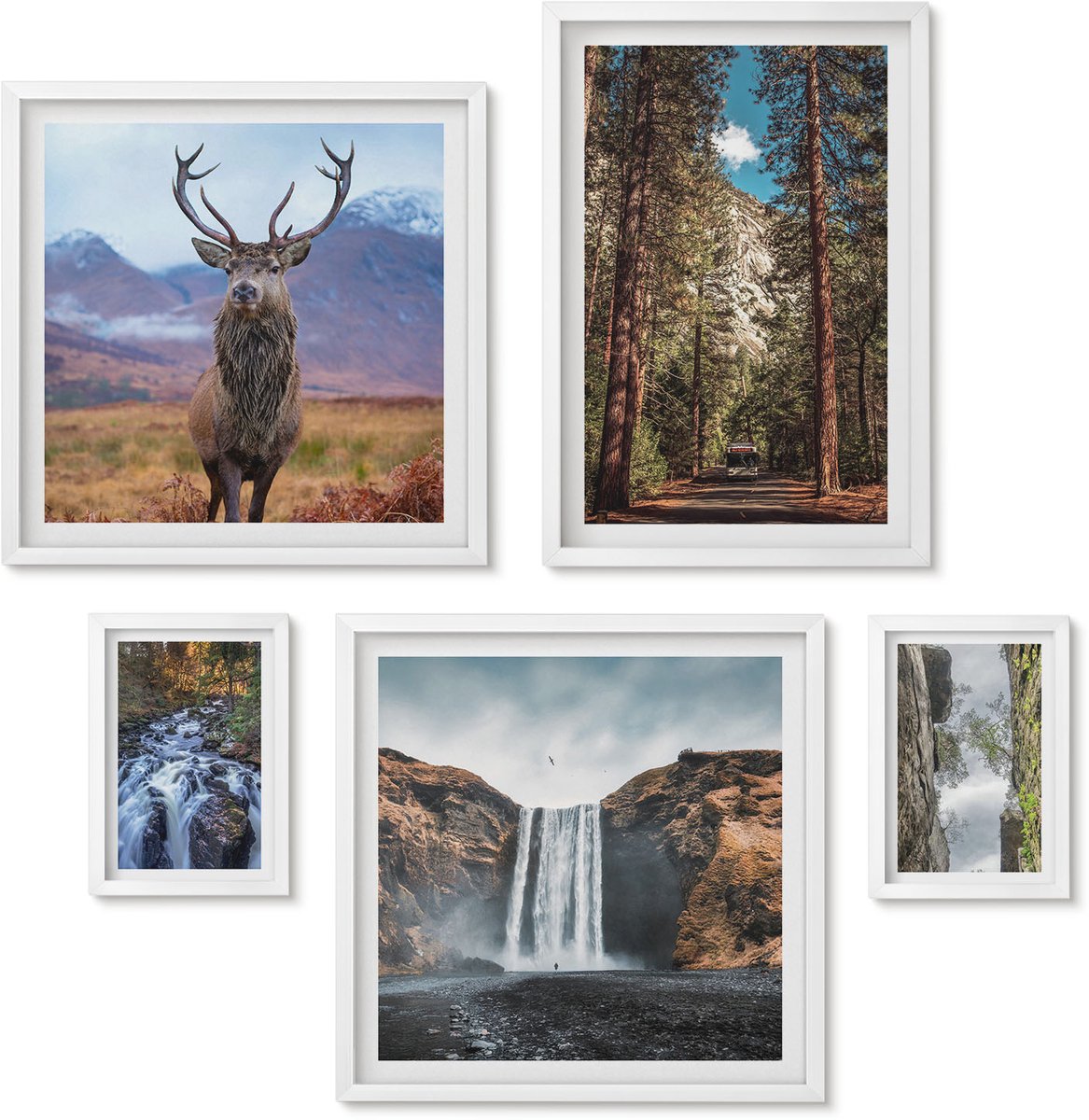 Wallfluent 5-Delige Schilderij Set - Natuurlandschappen Met Watervallen En Wilde Dieren - 50 x 50 cm, 20 x 30 cm En 40 x 60 cm - Moderne Wanddecoratie - Woonkamer - Decoratieve Schilderijen