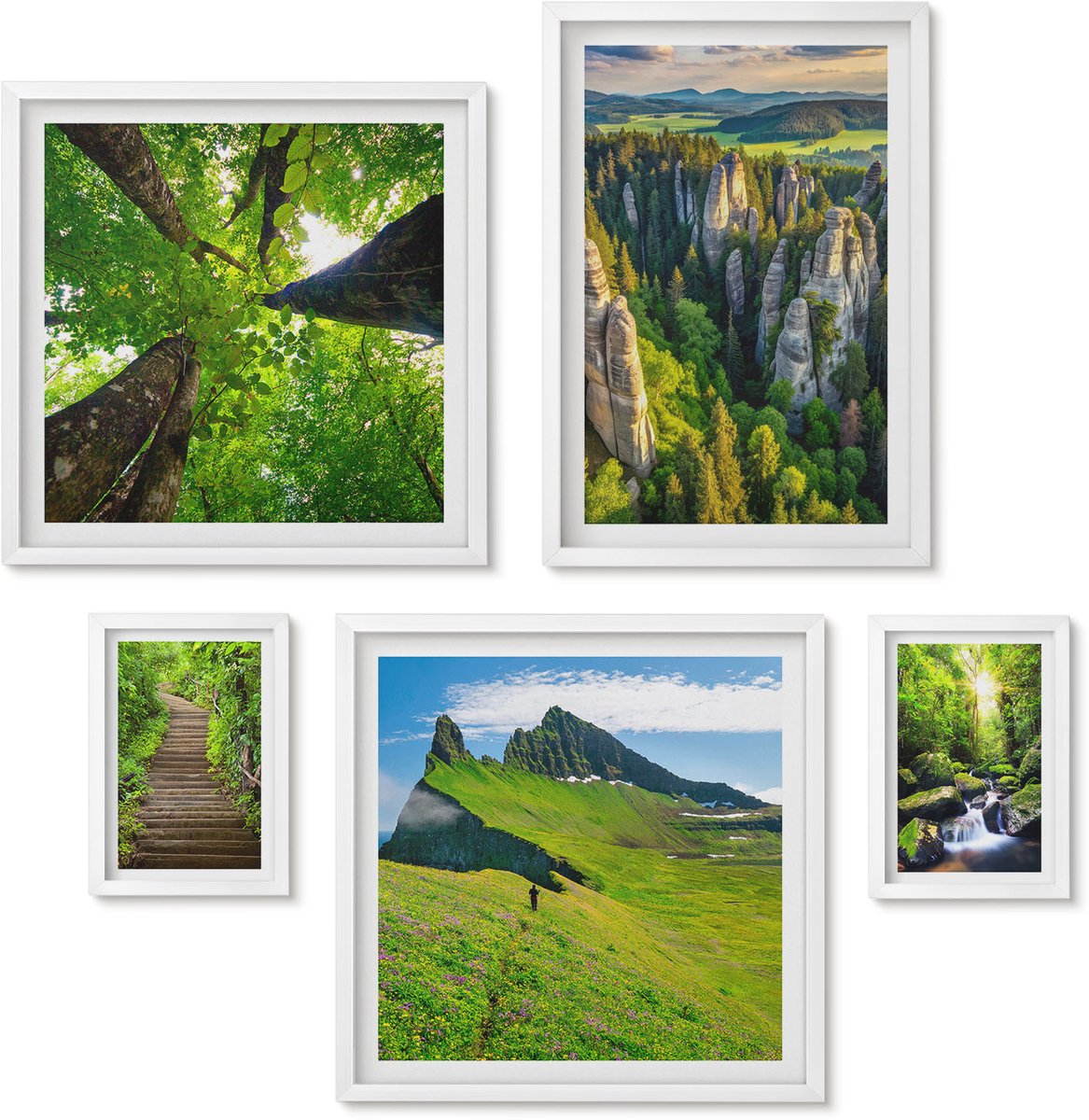 Wallfluent 5-Delige Schilderij Set - Groene Landschappen Met Natuur En Pittoreske Paden - 50 x 50 cm, 20 x 30 cm En 40 x 60 cm - Wanddecoratie - Moderne Interieurdecoratie - Interieur Decoratie