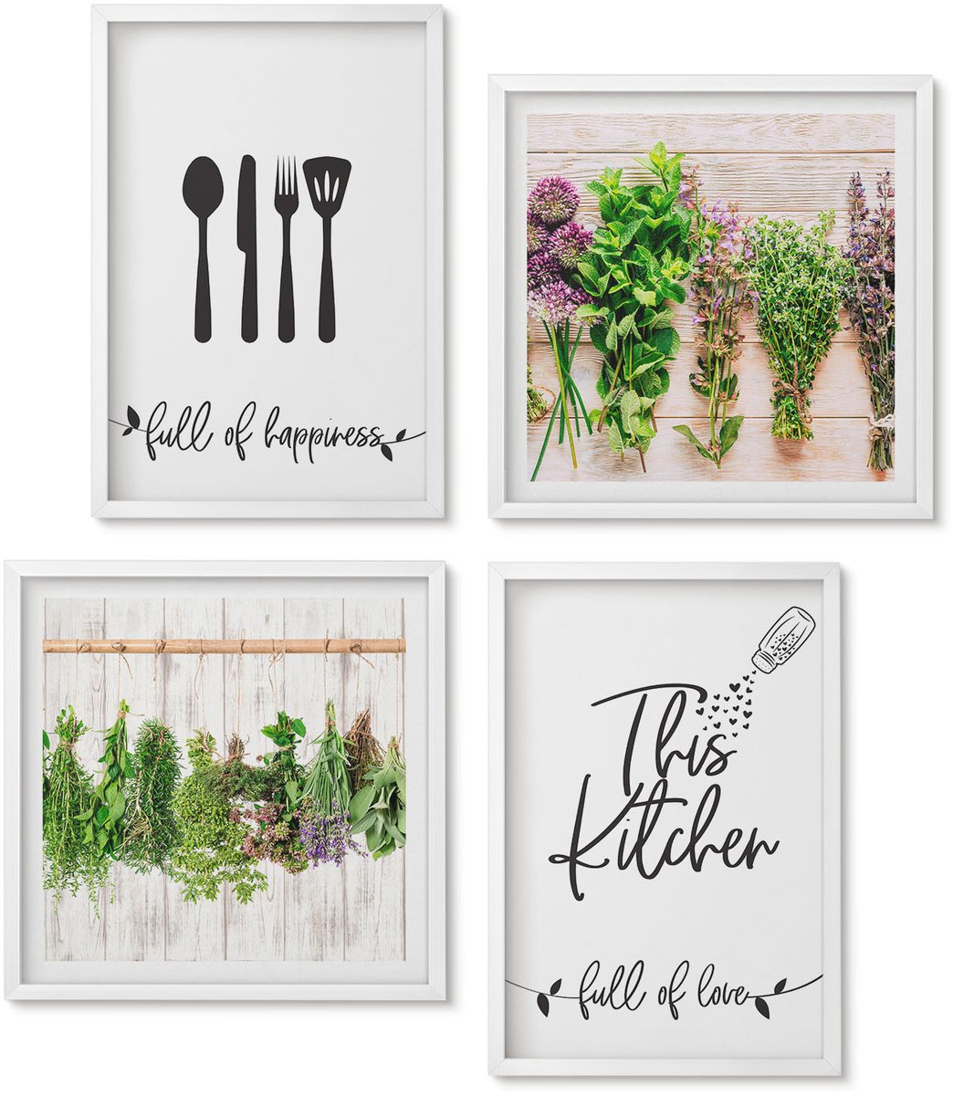 Wallfluent 4-Delige Schilderij Set - Keukenbordjes Gedroogde Kruiden En Planten - 40 x 40 En 40 x 60 - Moderne Wanddecoratie - Slaapkamer