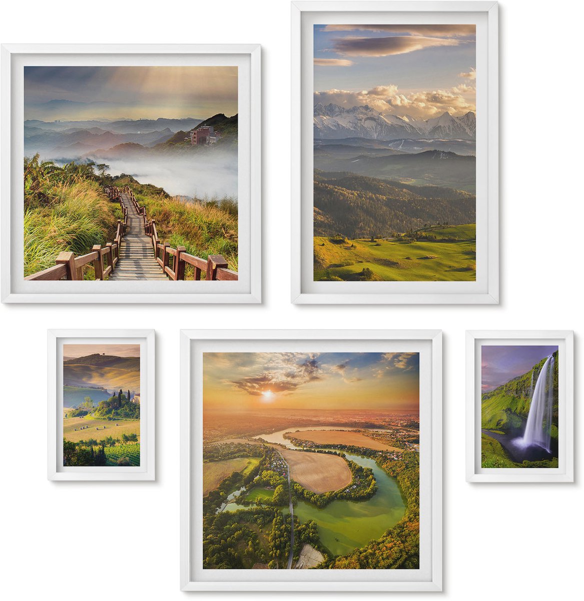 Wallfluent 5-Delige Schilderij Set - Berglandschappen En Watervallen In Een Schilderachtig Decor. - 50 x 50 cm, 20 x 30 cm En 40 x 60 cm - Moderne Wanddecoratie - Slaapkamer - Decoratieve Schilderijen