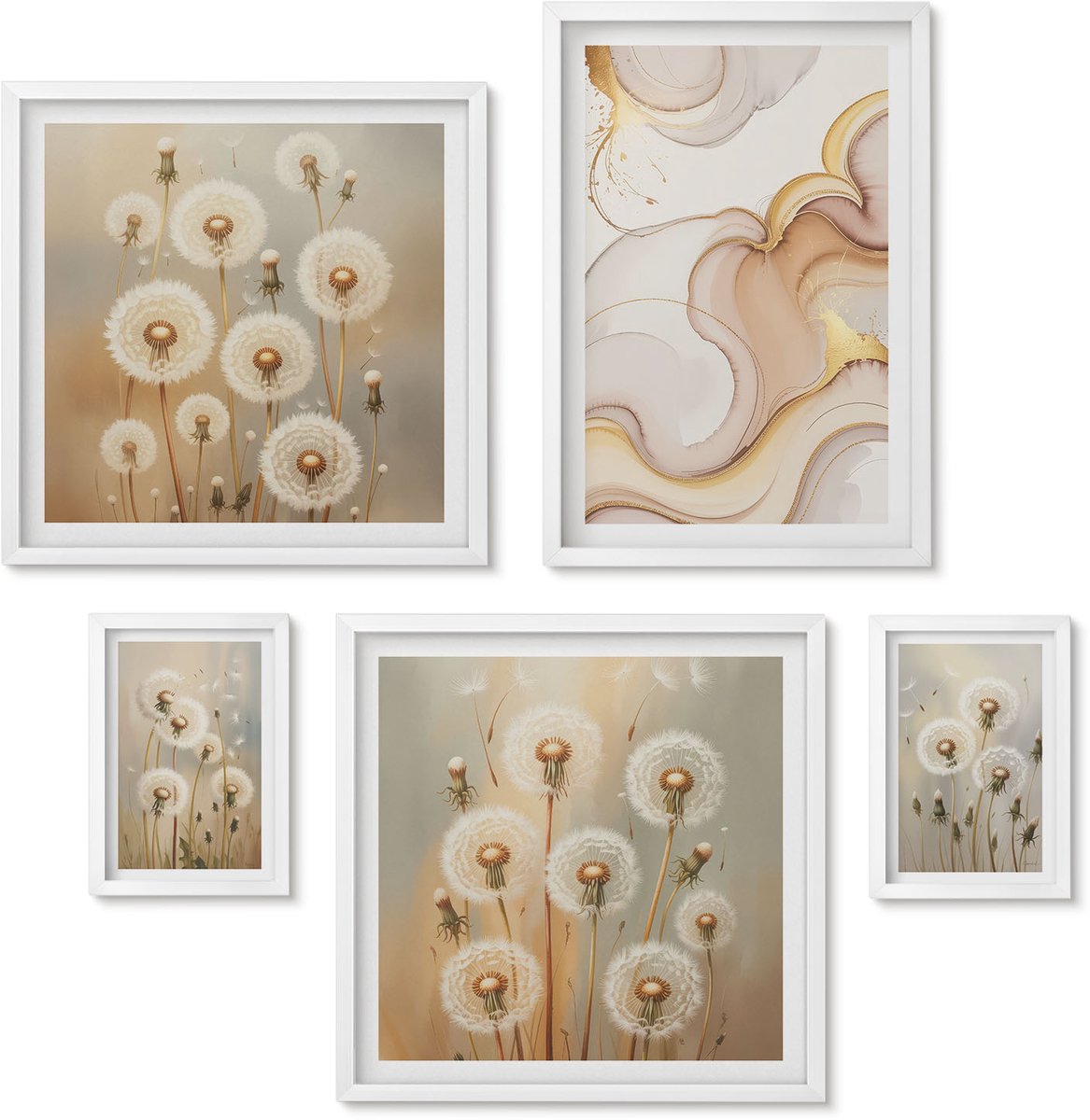 Wallfluent 5-Delige Schilderij Set - Bloemmotieven In Delicate Natuurlijke Tinten - 50 x 50 cm, 20 x 30 cm En 40 x 60 cm - Stijlvolle Muurdecoratie - Kantoor