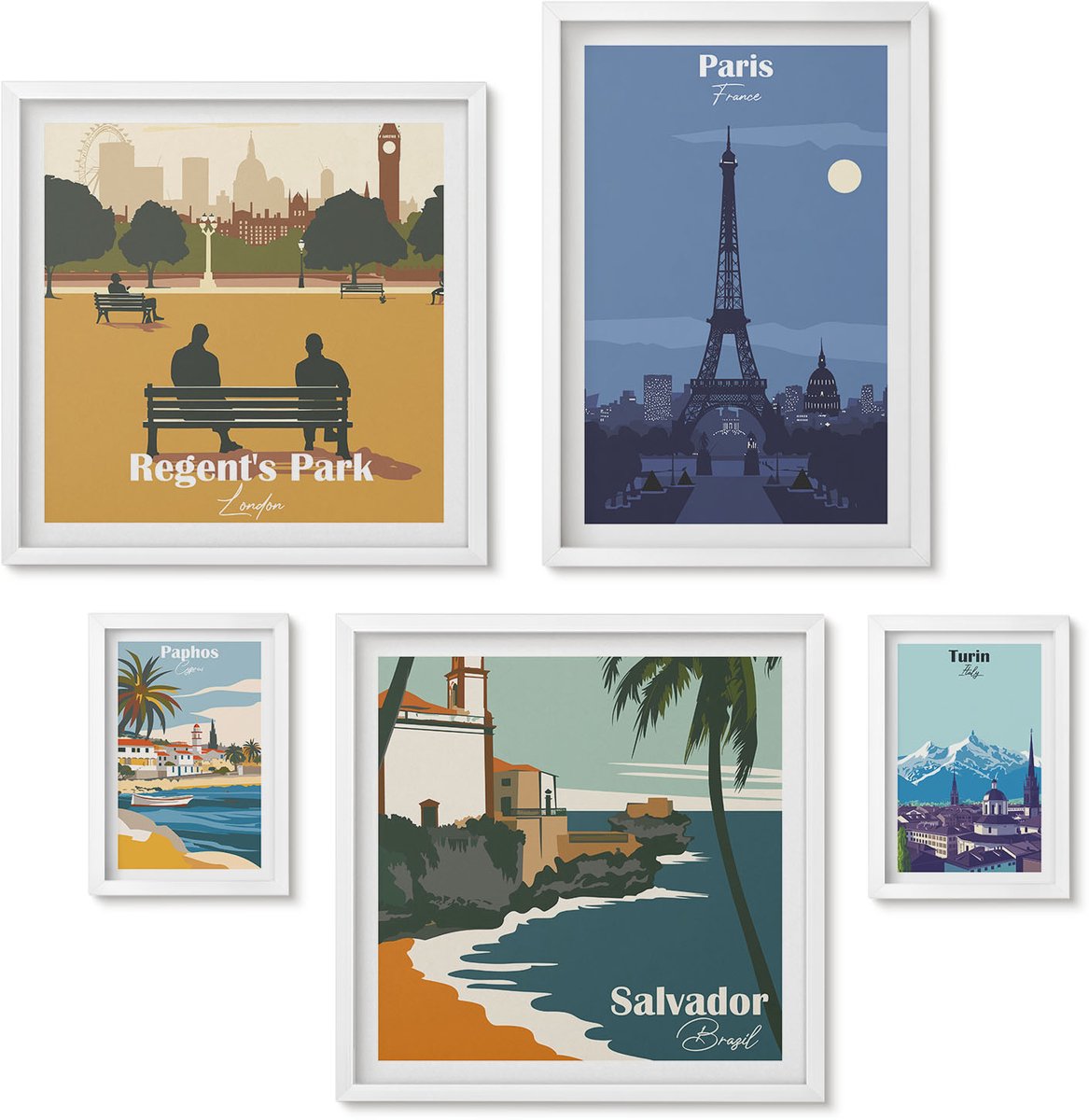 Wallfluent 5-Delige Schilderij Set - Europese Steden En Hun Retro Toeristische Iconen - 50 x 50 cm, 20 x 30 cm En 40 x 60 cm - Wanddecoratie - Muurdecoratie - Woonkamer