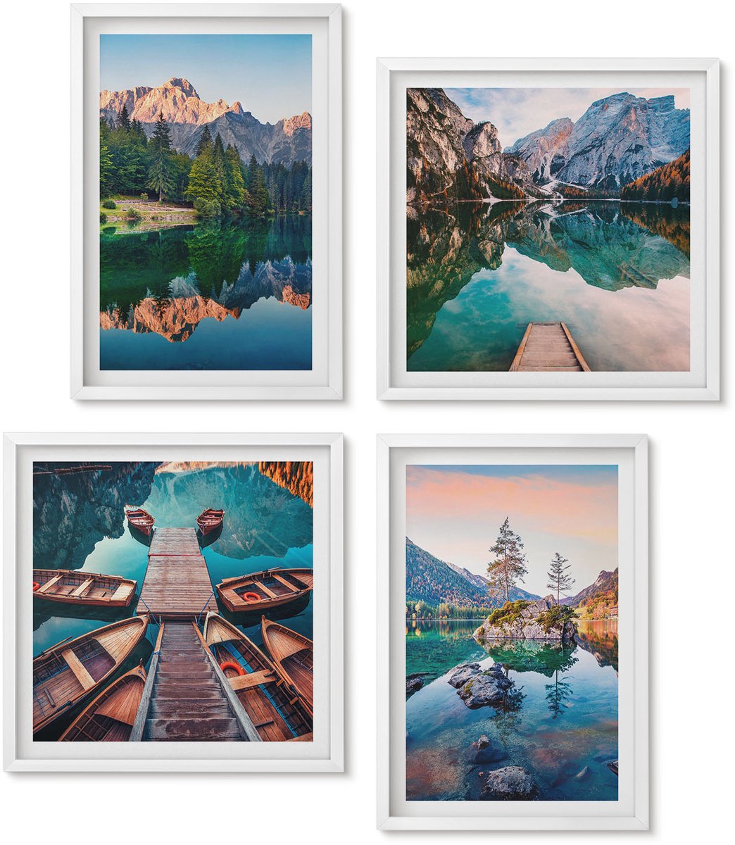 Wallfluent 4-Delige Schilderij Set - Bergmeren Met Weerspiegelingen In Het Water En Het Bos. - 40 x 40 En 40 x 60 - Wanddecoratie - Schilderijen Set - Interieur - Interieur Decoratie