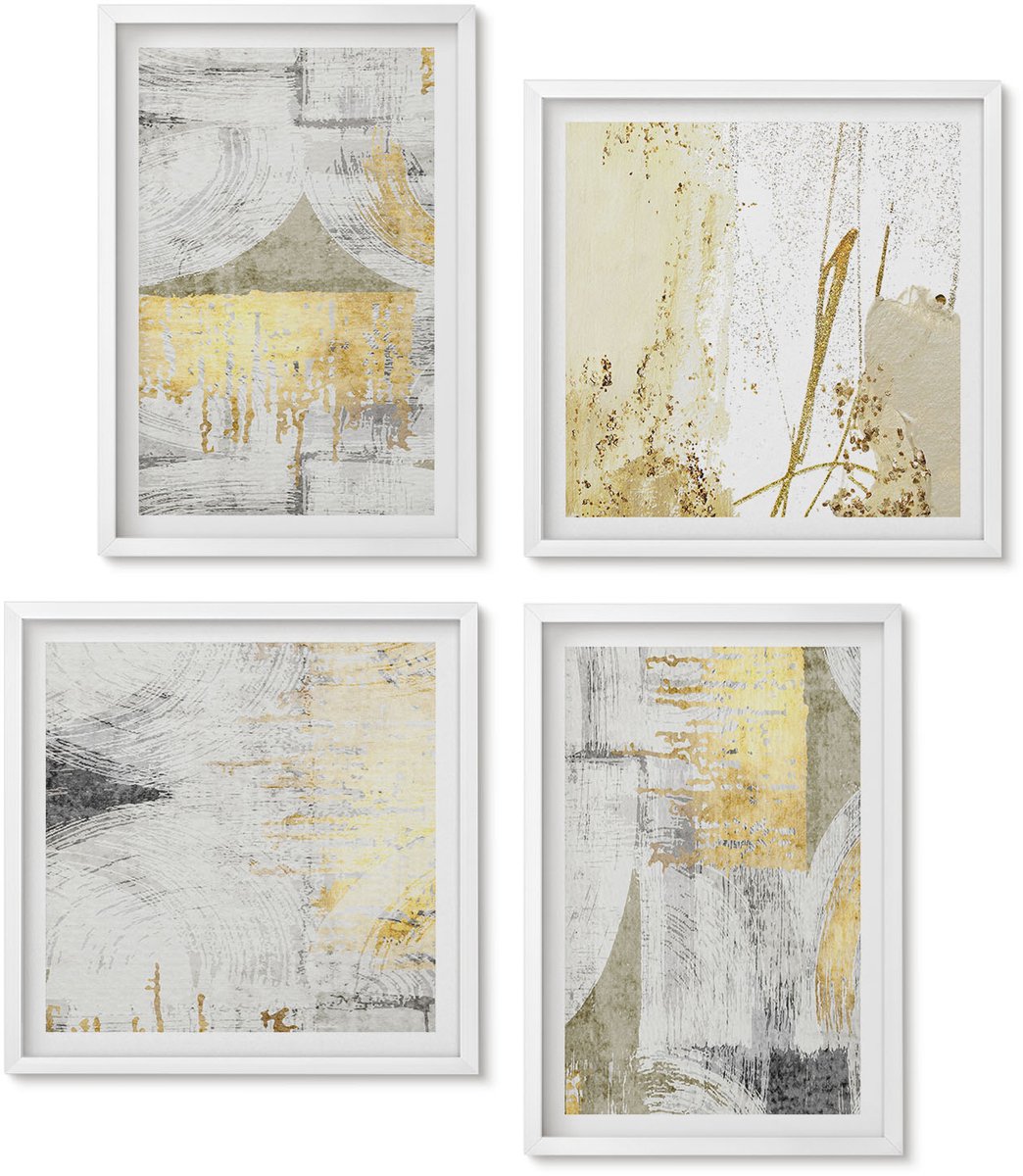 Wallfluent 4-Delige Schilderij Set - Abstracte Minimalistische, Modieuze Schilderpatronen - 40 x 40 En 40 x 60 - Wanddecoratie - Muurdecoratie - Woonkamer - Stijlvolle Muurdecoratie