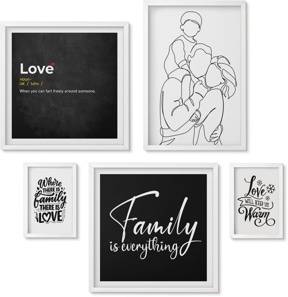 Wallfluent 5-Delige Schilderij Set - Familiewaarden Van Liefde En Verbondenheid In Een Minimalistische Stijl - 50 x 50 cm, 20 x 30 cm En 40 x 60 cm - Muurdecoratie - Decoratieve Schilderijen - Wohnzimmer - Interieur Decoratie