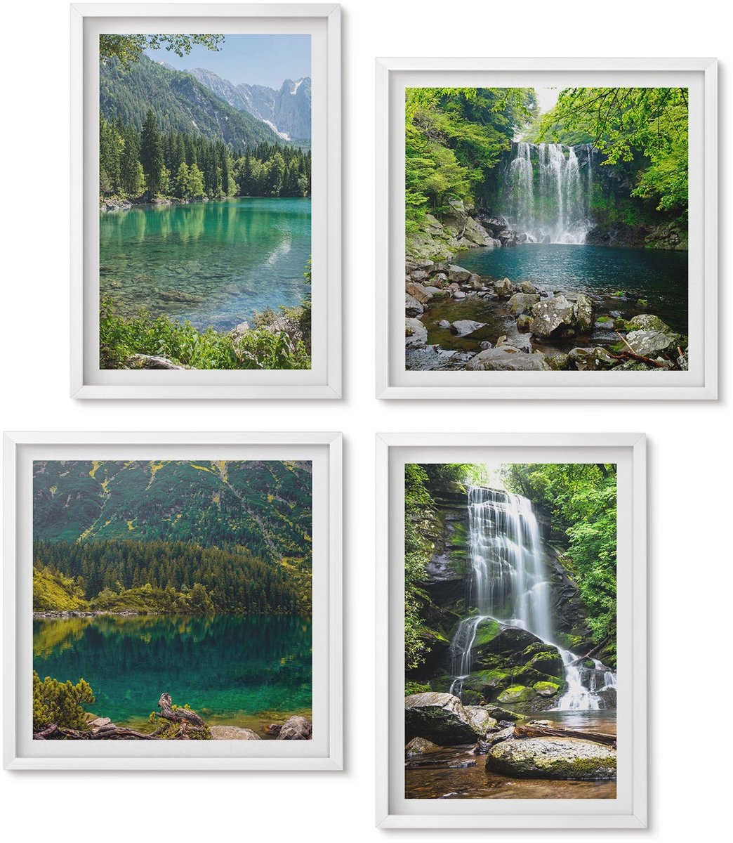 Wallfluent 4-Delige Schilderij Set - Watervallen In Een Groene Omgeving Met Stenen En Water. - 40 x 40 En 40 x 60 - Muurdecoratie - Wanddecoratie - Slaapkamer - Woonkamer Decoratie