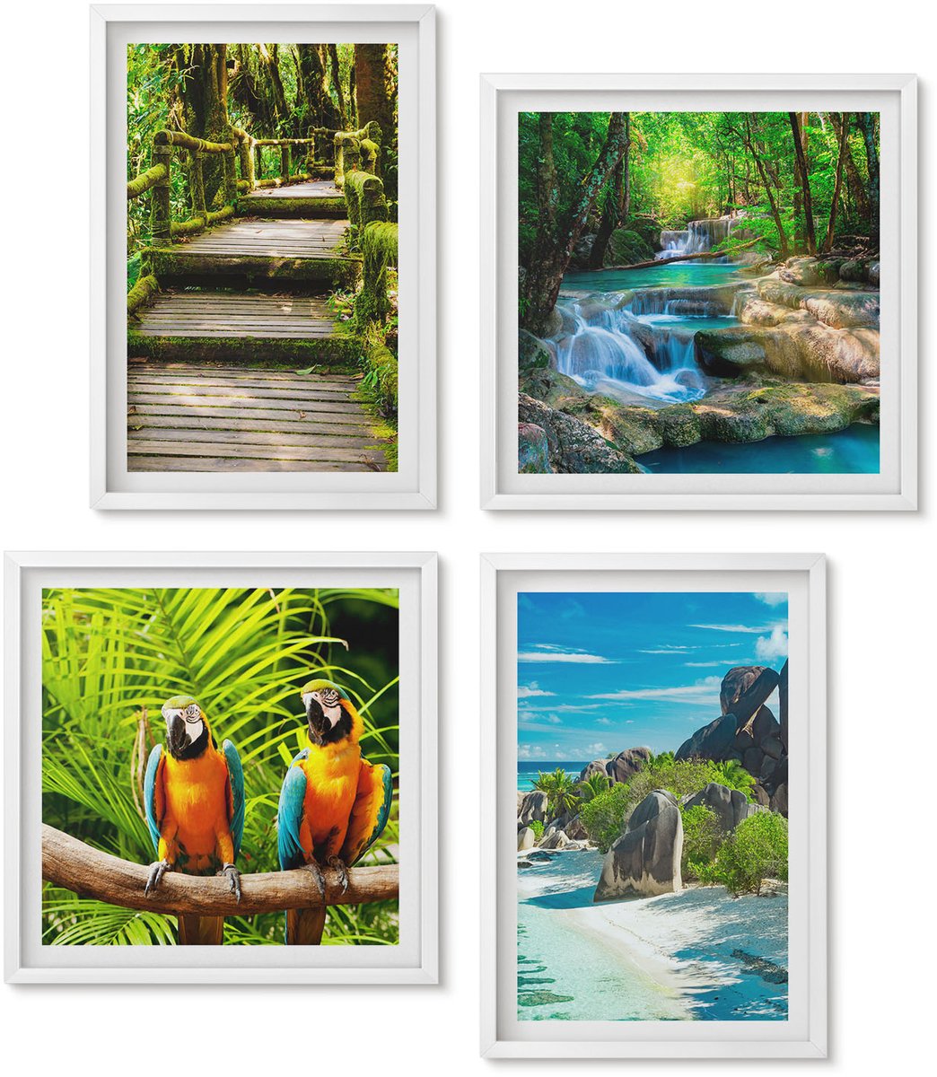 Wallfluent 4-Delige Schilderij Set - Tropisch Bos Met Waterval En Kleurrijke Papegaaien - 40 x 40 En 40 x 60 - Wanddecoratie - Moderne Interieurdecoratie - Moderne Wanddecoratie