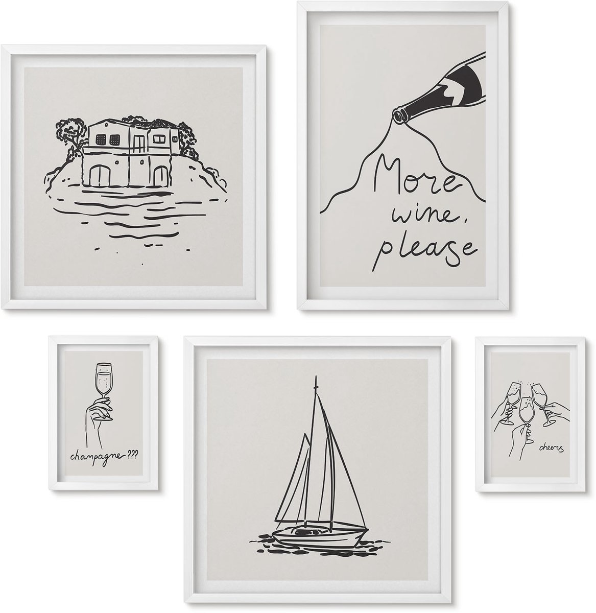 Wallfluent 5-Delige Schilderij Set - Stijlvolle Afbeeldingen Met Thema'S Als Wijn En Ontspanning Aan Het Water. - 50 x 50 cm, 20 x 30 cm En 40 x 60 cm - Wanddecoratie - Schilderijen Set - Interieur - Stijlvolle Muurdecoratie