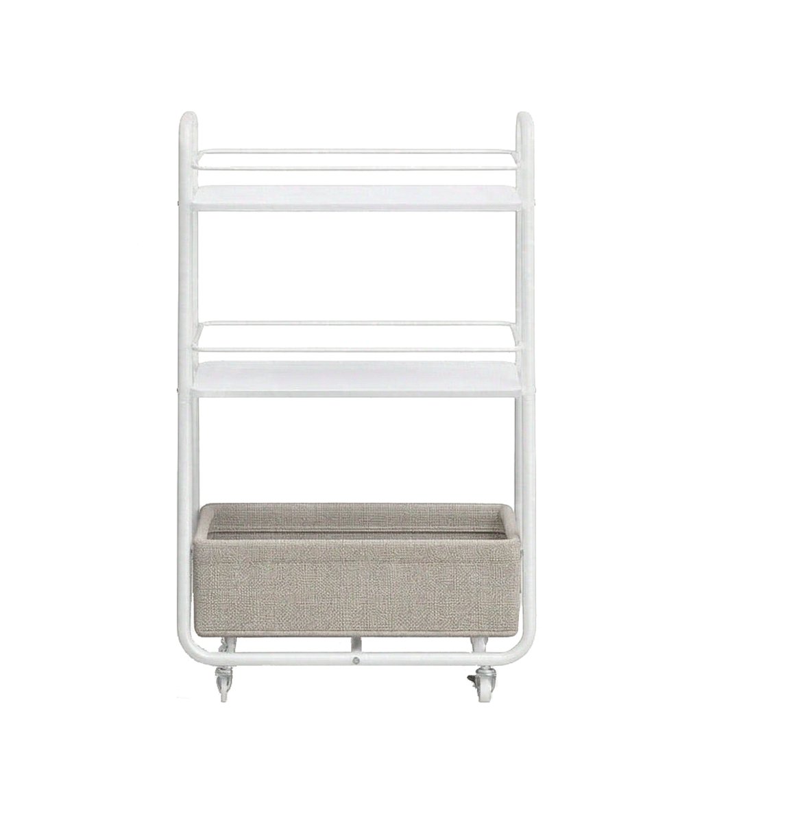 Opbergtrolley Opbergwagen met stoffen mand 3-laagse trolley met wielen 43x30x81 cm wit Met gebogen handgreep 4 zwenkwielen planken en stoffen mand Multifunctionele opbergruimte Ruimtebesparend Geschikt voor woonkamer slaapkamer en keuken