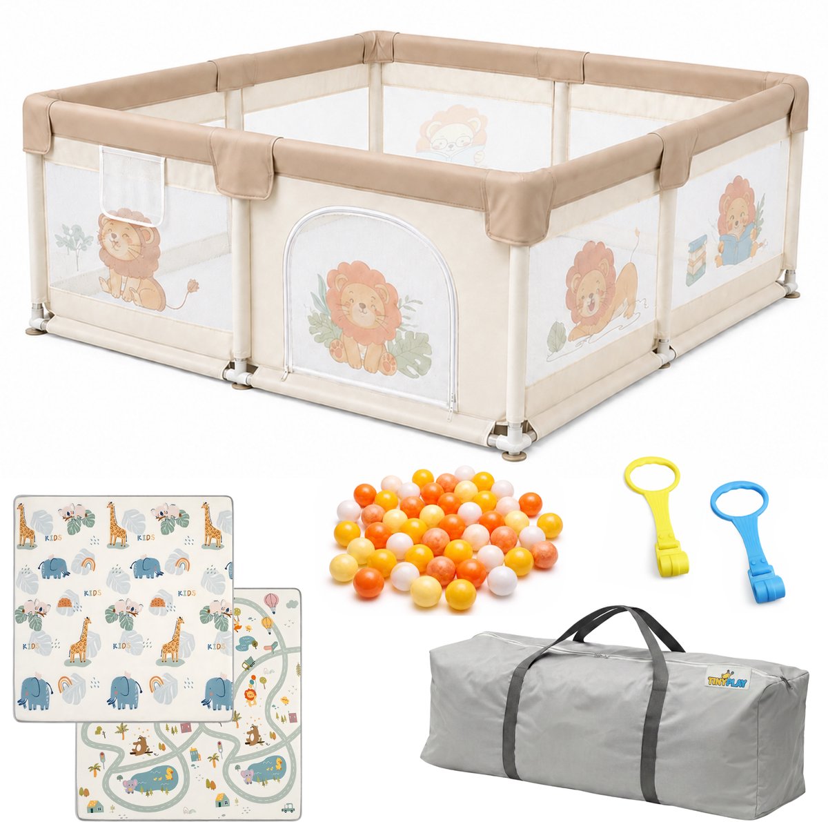 TinyPlay Grondbox Baby met Speelmat & Speelballen - Babybox - Kinderbox - Speelbox - Playpen - Ballenbak - Kruipbox - 120x120x60cm - Beige