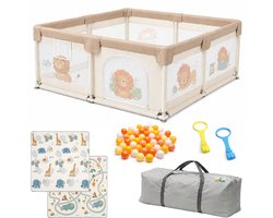 TinyPlay Grondbox Baby met Speelmat & Speelballen - Babybox - Kinderbox - Speelbox - Playpen - Ballenbak - Kruipbox - 120x120x60cm - Beige
