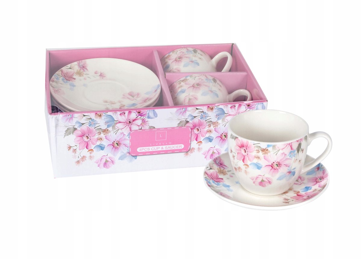 Set van 2 Mokken met Schotels, Bloemendecor, 250 ml, Cadeauset