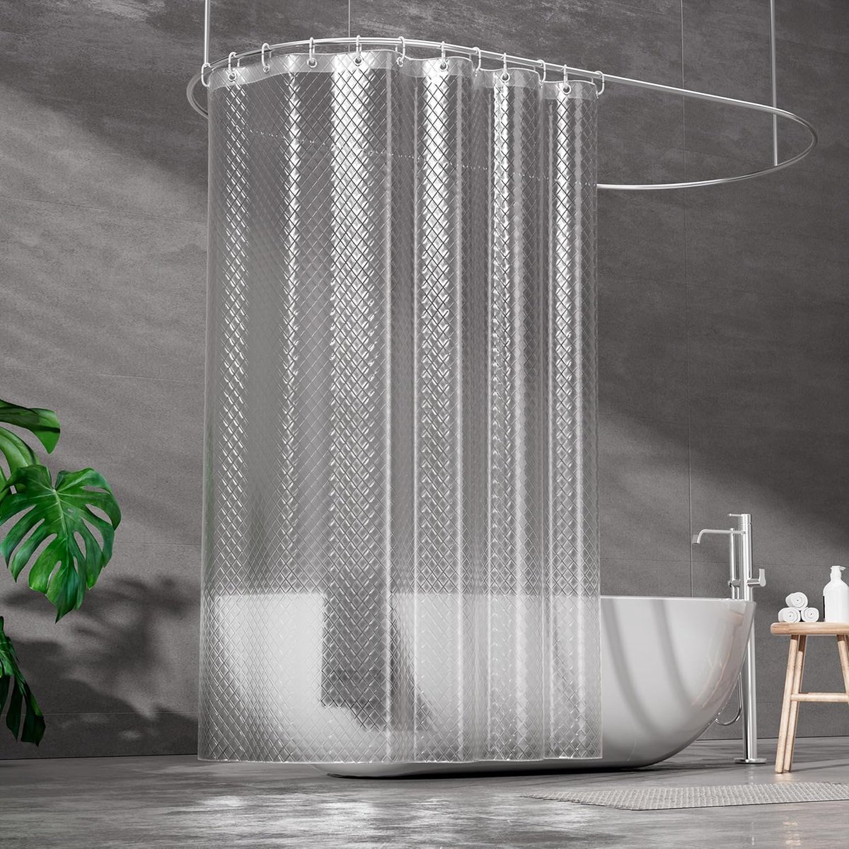 Douchegordijn 100% EVA, waterdicht, anti-schimmel, semi-transparant 3D-ruitpatroon, badgordijn met 12 ringen en haken, 180 x 200 cm, voor badkamer en bad