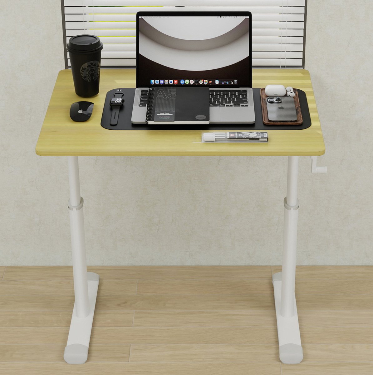 DESMIU Bureau Verstelbaar Met Handmatige Slinger 80 X 60 Cm Metaal En Hout Houtkleur Zit Sta Bureau Voor Thuis Werk En Studie Dubbele Kolom