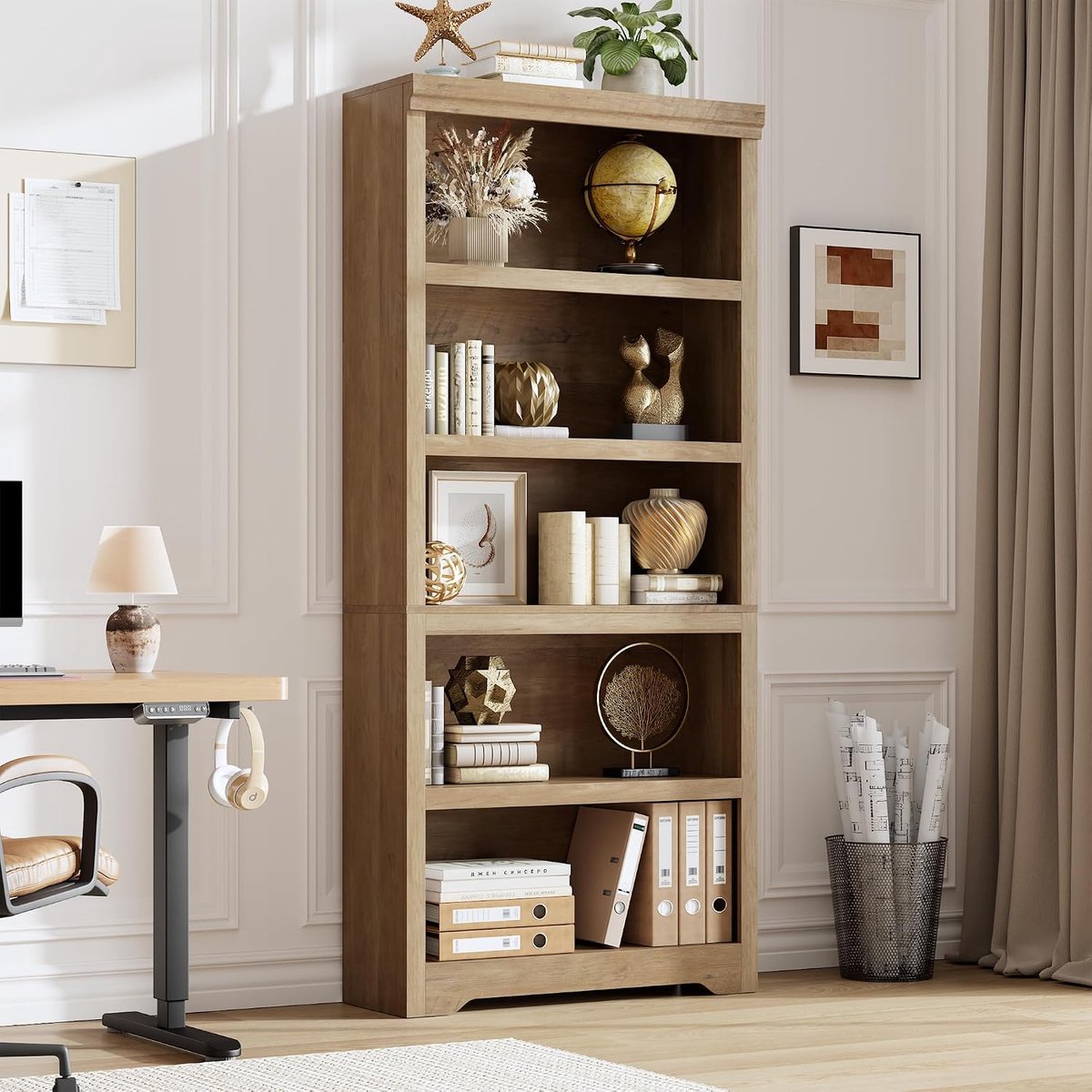 Hoge Boekenkast 5 Lagen - 80x29.5x174.5cm - Boekenkast Vintage - Verstelbare Planken - Kantelbeveiliging - Open Opbergkast - Voor Woonkamer Kantoor - Bruin