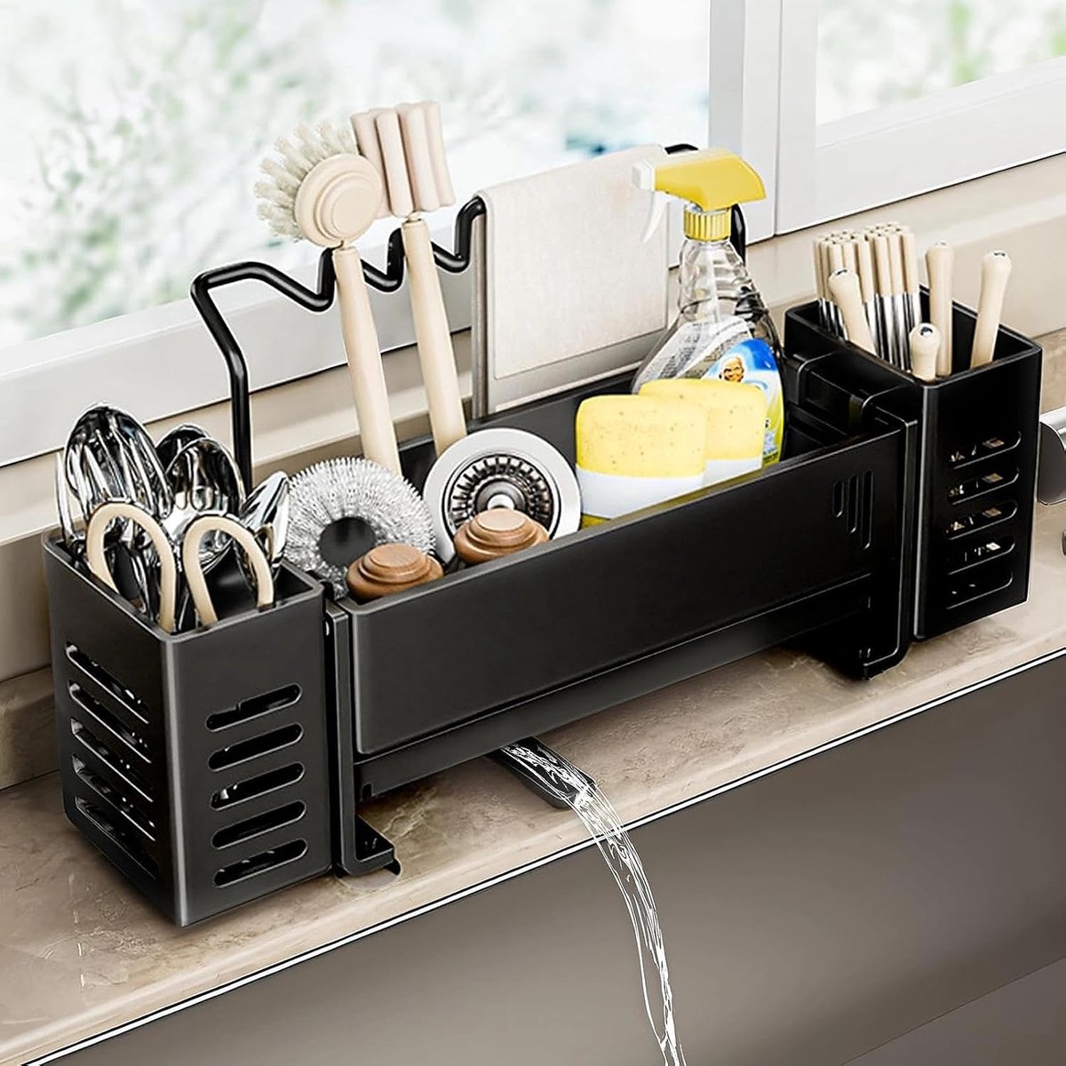 Spoelbakorganizer - Zwart - 36 x 8 x 11 cm - Met Afvoerpan en Multifunctionele Opbergmogelijkheden - Voor Keuken en Badkamer